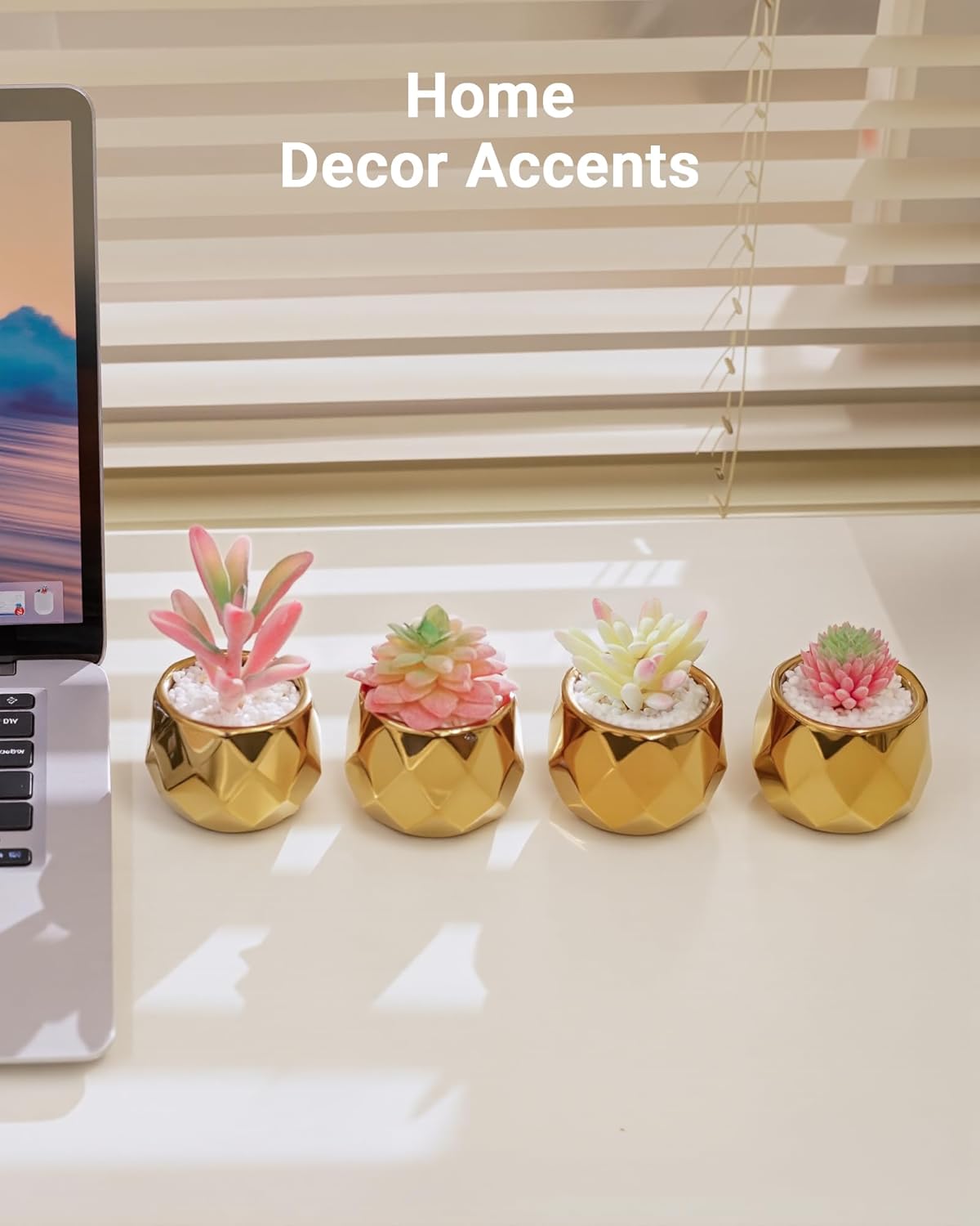 VIVERIE Mini Succulents Plants Artificial in Pots-Pink with Golden Ceramic, Christmas Small Fake Succulents Plants for Home Decor Indoor Christmas Decor for Women, Set of 4, Gifts for Mom